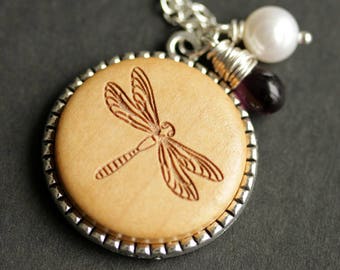 Wood Dragonfly Necklace. Dragonfly Pendant. Wooden Necklace with Glass Teardrop and Fresh Water Pearl. Silver Necklace. Handmade Jewelry.