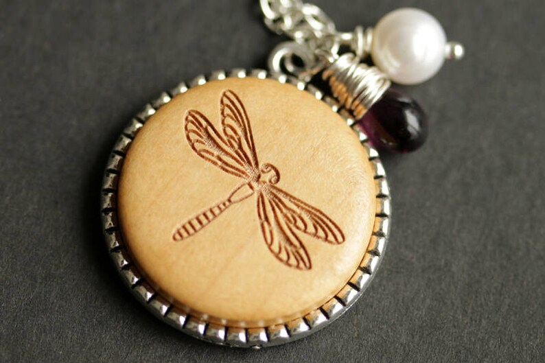 Wood Dragonfly Necklace. Dragonfly Pendant. Wooden Necklace with Glass Teardrop and Fresh Water Pearl. Silver Necklace. Handmade Jewelry. image 1