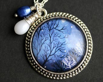 Winter Trees Necklace. Tree Pendant with Dark Blue Fresh Water Pearl and White Coral Teardrop. Blue Necklace. Handmade Necklace.