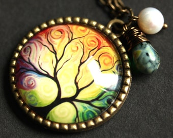 Rainbow Tree Necklace. Bronze Tree Pendant. Handmade Necklace with Teal Teardrop and Fresh Water Pearl. Bronze Necklace. Handmade Jewelry.