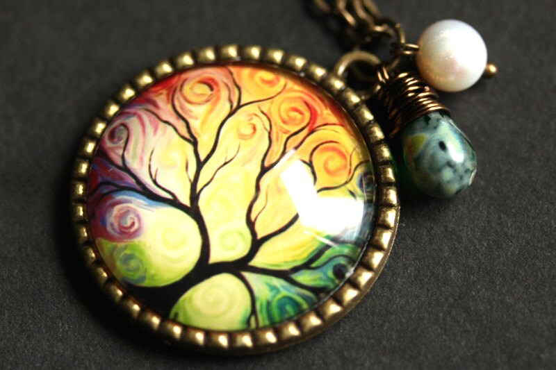Rainbow Tree Necklace. Bronze Tree Pendant. Handmade Necklace with Teal Teardrop and Fresh Water Pearl. Bronze Necklace. Handmade Jewelry.