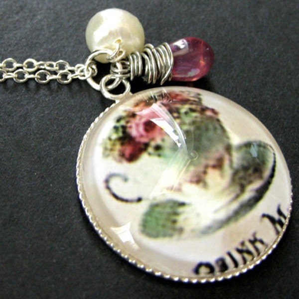 Tea Cup Necklace. Drink Me Necklace. Charm Necklace with Pink Teardrop and Fresh Water Pearl. Handmade Jewelry.