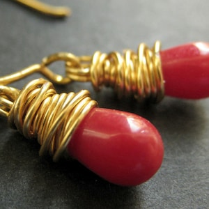 14K GOLD Earrings - Red Coral Earrings. Red Teardrop Earrings. Wire Wrapped Earrings. Handmade Jewelry.
