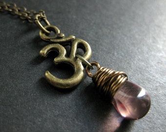 Purple Necklace in Bronze. Om Necklace. Yoga Necklace. Teardrop Necklace. Yoga Jewelry. Handmade Jewelry.