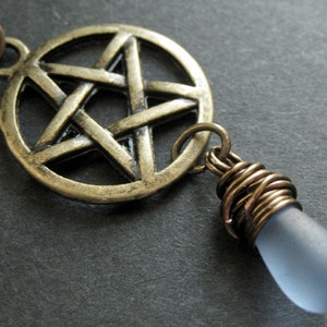Clouded Blue Teardrop Necklace. Bronze Pentagram Necklace. Pagan Necklace. Handmade Jewelry.
