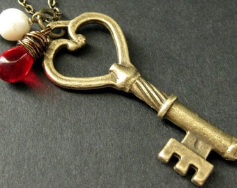 Key Necklace. Bronze Key Pendant with Wire Wrapped Red Teardrop and Fresh Water Pearl. Handmade Jewelry.