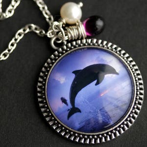 Dolphin Necklace. Jumping Dolphin Pendant with Fresh Water Pearl and Purple Teardrop. Purple Necklace. Blue Necklace. Handmade Necklace.