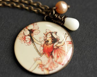 Pink Flower Fairy Necklace. Pink Fairy Pendant with White Coral Teardrop and Pink Pearl Charm Necklace. Bronze Necklace. Handmade Necklace.