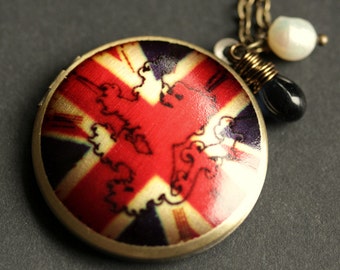 UK Locket Necklace. United Kingdom Necklace. Great Britain Necklace with Dark Blue Glass Teardrop and Pearl. British Flag Necklace.