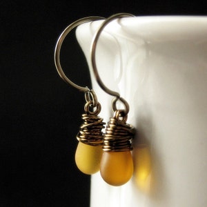 BRONZE Earrings Frosted Honey Drop Earrings, Wire Wrapped Teardrop Earrings. Handmade Jewelry. image 2