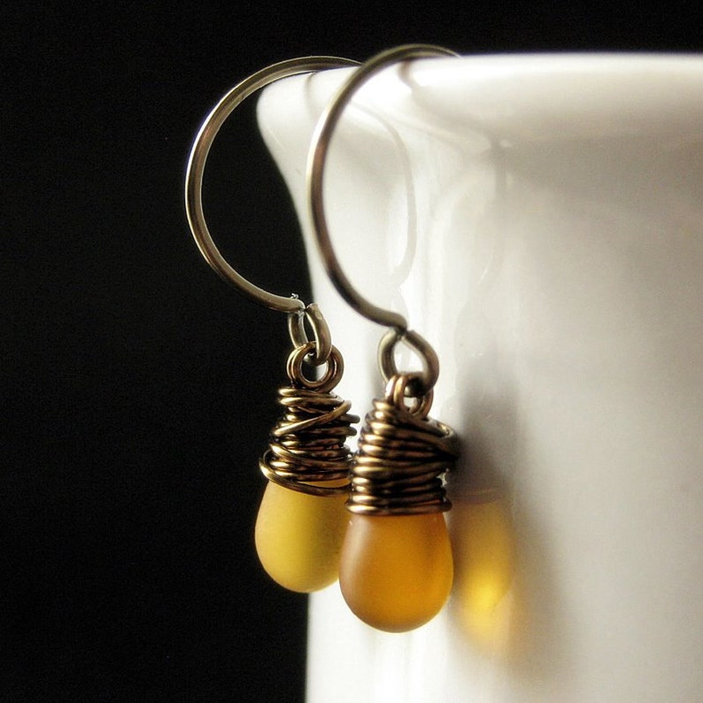 BRONZE Earrings Frosted Honey Drop Earrings, Wire Wrapped Teardrop Earrings. Handmade Jewelry. image 2