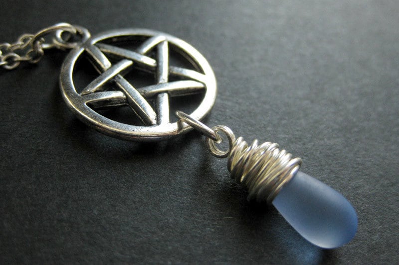 Wiccan Jewelry. Frosted Blue Teardrop Pendant Necklace. Silver Pentacle Necklace. Handmade Jewelry.