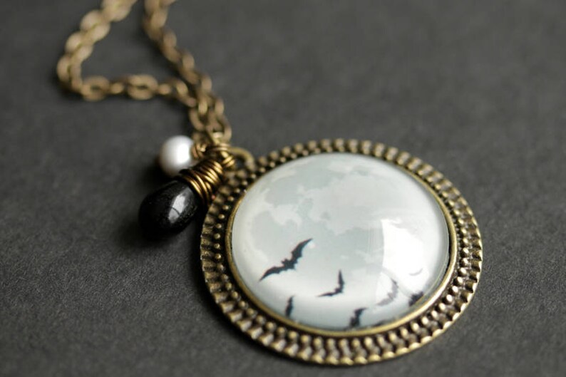 Halloween Bats Necklace with Black Teardrop and Gray Pearl Full Moon Necklace Bronze Necklace. Flying Bats Necklace Halloween Necklace