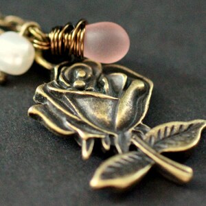 Pink Rose Necklace. Bronze Rose Charm Necklace with Frosted Pink Teardrop and Pearl. Handmade Jewelry.
