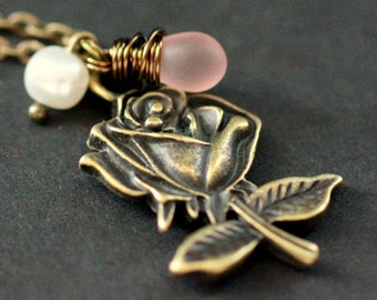 Pink Rose Necklace. Bronze Rose Charm Necklace with Frosted Pink Teardrop and Pearl. Handmade Jewelry.
