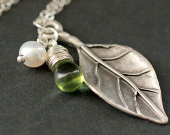 Silver Leaf Necklace. Fig Leaf Necklace. Leaf Charm Necklace with Glass Teardrop and Fresh Water Pearl. Leaf Jewelry. Handmade Necklace.