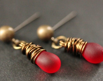 BRONZE Earrings - Clouded Red Teardrop Earrings. Dangle Earrings. Post Earrings. Handmade Jewelry.