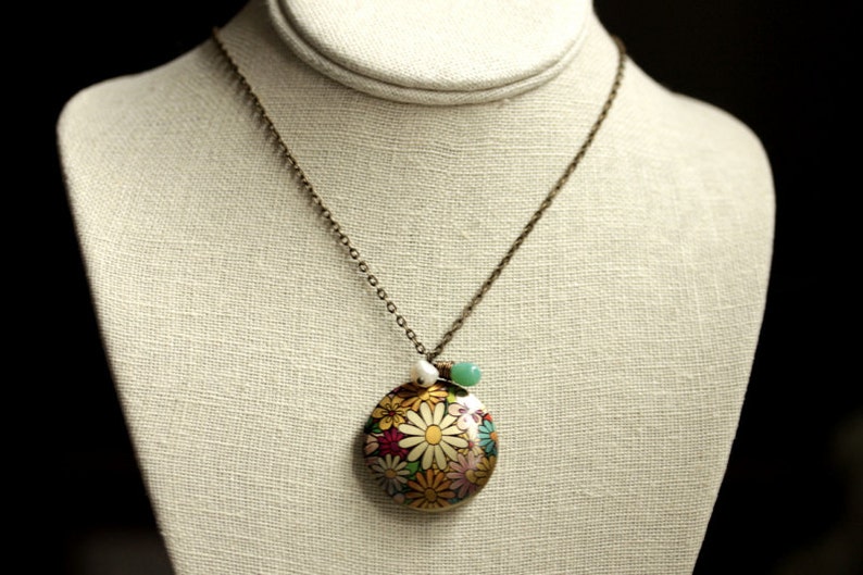 Hippie Flower Locket Necklace. Daisy Flower Necklace. Floral Locket with Turquoise Glass Teardrop and Fresh Water Pearl. Bronze Necklace. image 3