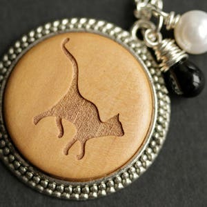 Wood Cat Necklace. Cat Pendant. Wooden Necklace with Glass Teardrop and Fresh Water Pearl. Silver Necklace. Handmade Jewelry.