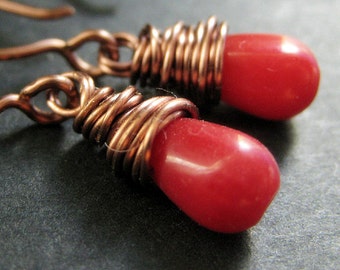 COPPER Earrings - Red Coral Earrings. Red Earrings, Wire Wrapped Teardrop Earrings. Handmade Jewelry.