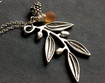 Silver Branch Necklace. Olive Branch Charm Necklace with Glass Teardrop and Pine Cone Charm. Handmade Jewelry.