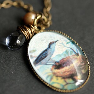 Blue Bird Necklace. Bird Nest Pendant with Dark Blue Teardrop and Fresh Water Pearl. Charm Necklace. Bluebird Necklace. Bronze Necklace.