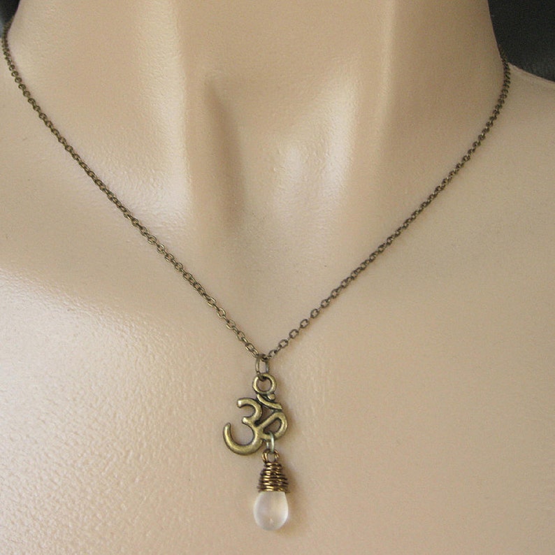 Yoga Necklace. Clouded White Teardrop Necklace. Ohm Necklace in Bronze. Yoga Jewelry. Handmade Jewelry. image 3