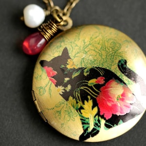 Floral Cat Locket Necklace. Black Cat Necklace with Bright Pink Teardrop and Fresh Water Pearl Charm. Bronze Locket. Handmade Necklace.