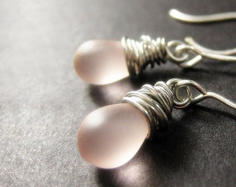 Wire Wrapped Earrings - Frosted Sweet Pink Drop Earrings in Silver. Dangle Earrings. Handmade Jewelry.