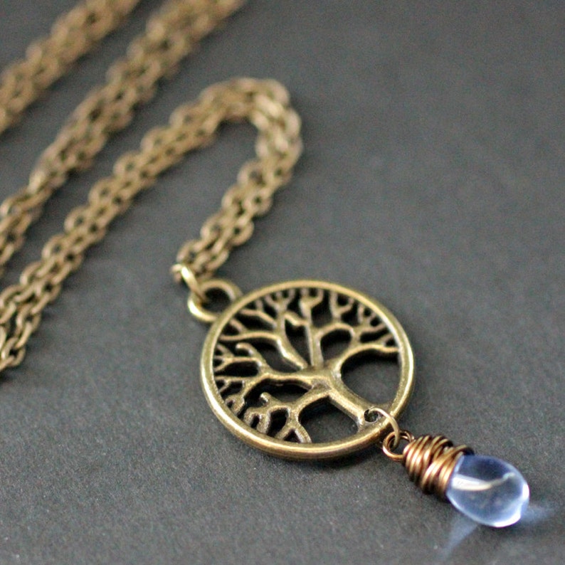 Tree of Life Necklace. Bronze Tree Necklace in Bronze Wire Wrapped Blue Teardrop Necklace. Handmade Jewellery. image 2