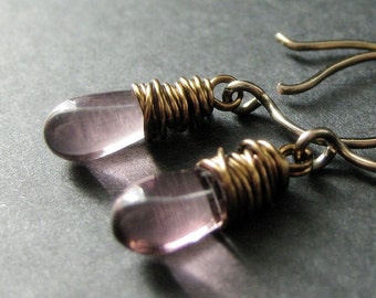 BRONZE Earrings - Purple Drop Earrings, Wire Wrapped Dangle Earrings. Handmade Jewelry.