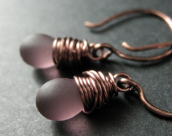 COPPER Earrings - Purple Drop Earrings with Clouded Glass Teardrops, Wire Wrapped Earrings. Handmade Jewelry.