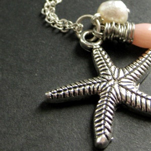 Starfish Necklace. Beach Necklace with Coral Teardrop and Fresh Water Pearl. Beach Jewelry. Handmade Jewelry.