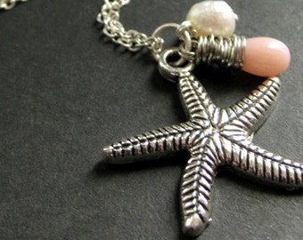 Starfish Necklace. Beach Necklace with Coral Teardrop and Fresh Water Pearl. Beach Jewelry. Handmade Jewelry.