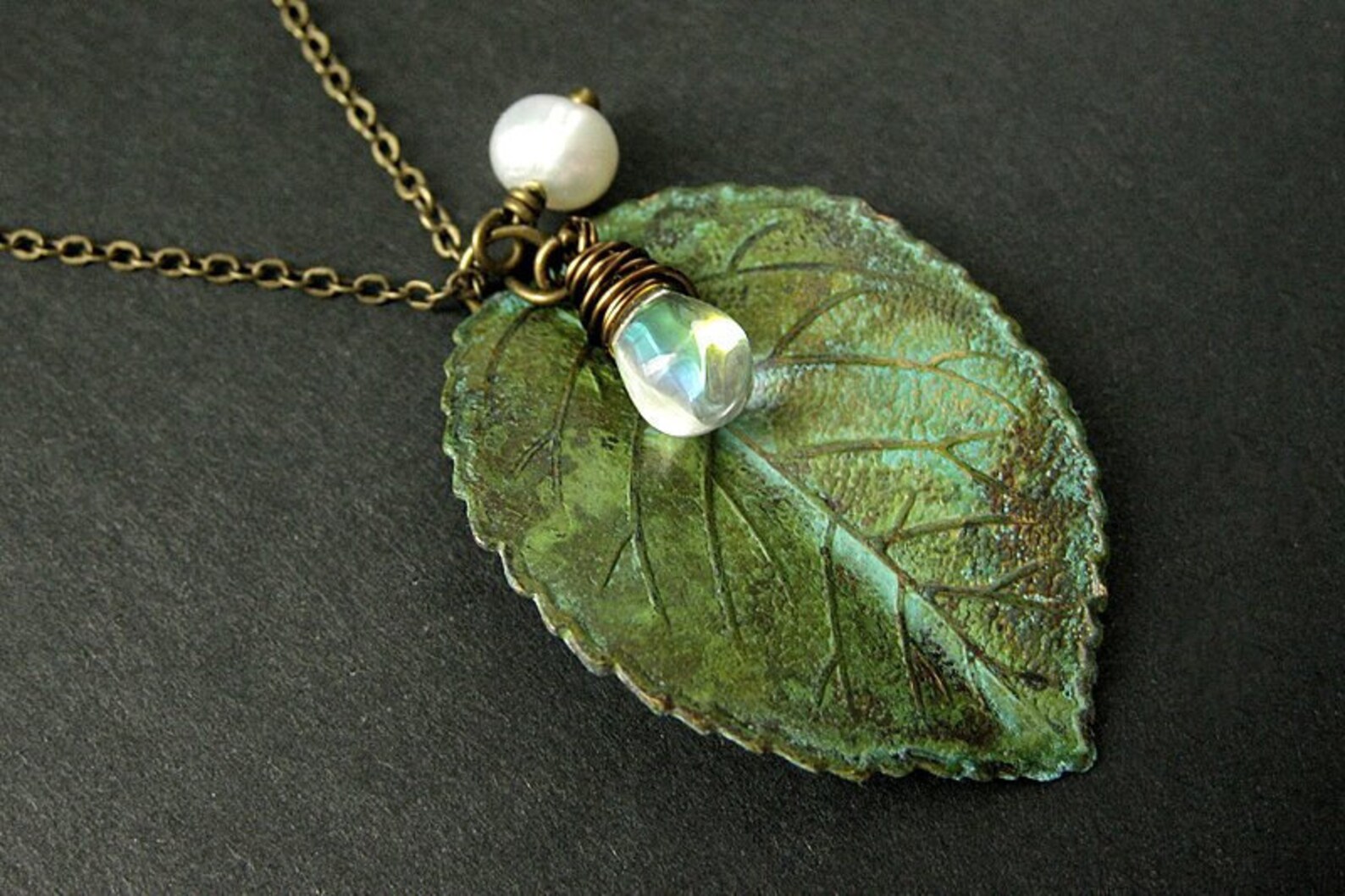 Leaf Necklace Charm Necklace in Green With Wire Wrapped Etsy
