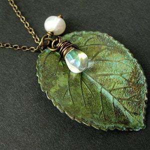 Leaf Necklace Charm Necklace in Green with Wire Wrapped Teardrop and Fresh Water Pearl. Handmade Jewelry. image 1