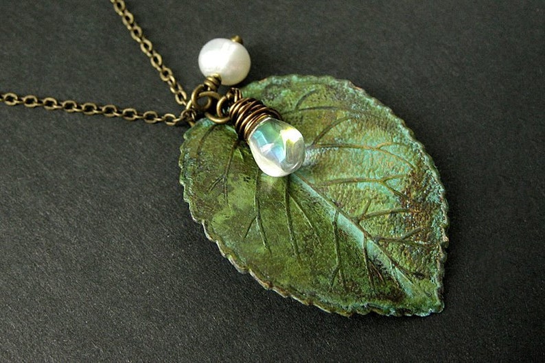 Leaf Necklace Charm Necklace in Green with Wire Wrapped Teardrop and Fresh Water Pearl. Handmade Jewelry. image 1