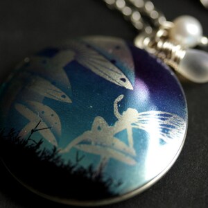 Mushroom Fairie Locket Necklace. Blue Fairy Necklace with Glass Teardrop and Fresh Water Pearl. Silver Locket. Handmade Jewelry.
