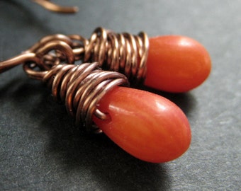 COPPER Earrings - Orange Coral Earrings. Orange Earrings, Wire Wrapped Teardrop Earrings. Handmade Jewelry.