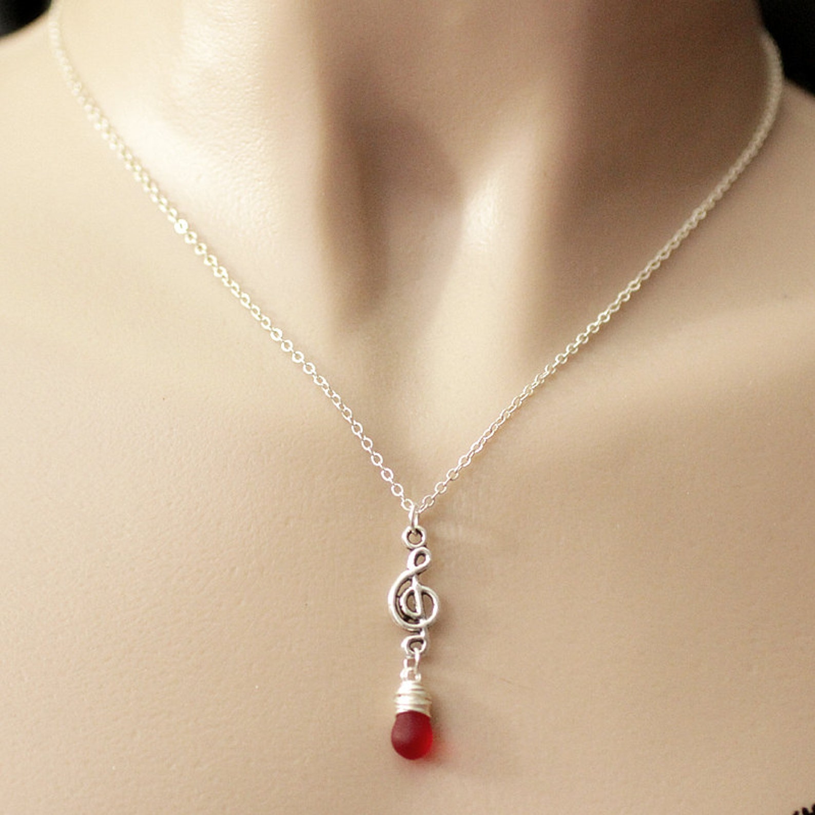 Musical Note Necklace. Treble Clef Necklace. Frosted Red Etsy