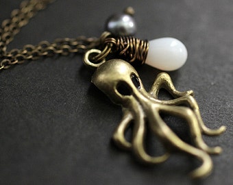 Octopus Necklace. Bronze Charm Necklace with Gray Fresh Water Pearl and White Teardrop. Handmade Jewellery.