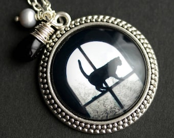 Cat Silhouette Necklace. Cat Pendant with Gray Fresh Water Pearl and Black Teardrop. Cat in the Window Necklace. Cat Necklace.