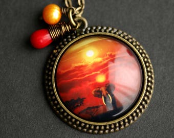 Elephant Necklace. Elephant Pendant. African Sunset Necklace with Red Coral Teardrop and Orange Fresh Water Pearl. Red Necklace.