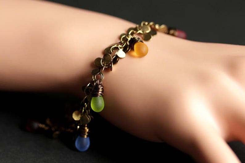Handmade Jewelry. Cluster Bracelet Teardrop Bracelet Teardrop Charm Bracelet Bronze Bracelet Rainbow Bracelet