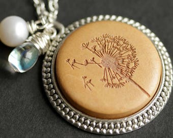 Wood Dandelion Necklace. Make a Wish Pendant. Wooden Necklace with Glass Teardrop and Fresh Water Pearl. Silver Necklace. Handmade Jewelry.