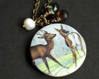Forest Wildlife Necklace. Brown Deer Locket Necklace with Glass Teardrops and Fresh Water Pearl. Bronze Necklace. Photo Locket.