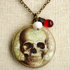Creepy Skull Locket Necklace. Skull Necklace with Red Teardrop and Fresh Water Pearl Charm. Halloween Necklace. Bronze Locket. image 3