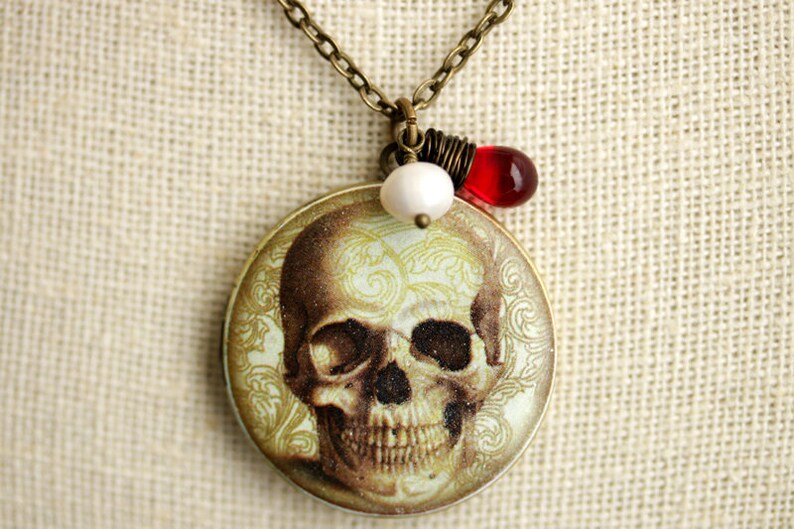 Creepy Skull Locket Necklace. Skull Necklace with Red Teardrop and Fresh Water Pearl Charm. Halloween Necklace. Bronze Locket. image 3