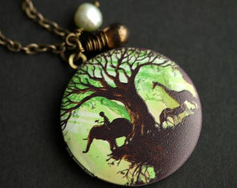 African Safari Locket Necklace. African Necklace. Safari Necklace with Brown Teardrop and Fresh Water Pearl. Green Necklace. Photo Locket.