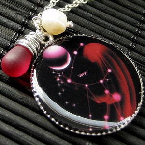 Virgo Necklace. Sun Sign Zodiac Jewelry with Clouded Red Teardrop and Fresh Water Pearl. Handmade Jewelry. image 1